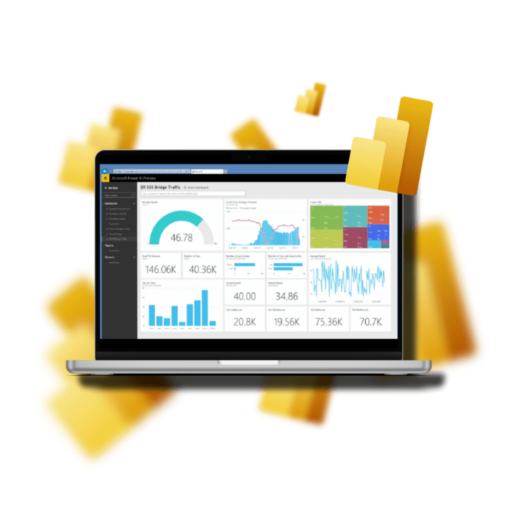 A laptop displaying a data dashboard with various charts and metrics, surrounded by graphic representations of data blocks.