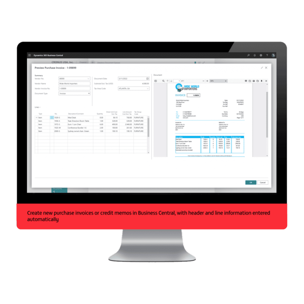 Preview of a purchase invoice in a software interface displaying invoice details, itemized list, and totals on a computer screen, with a message at the bottom about creating new invoices in Business Central.