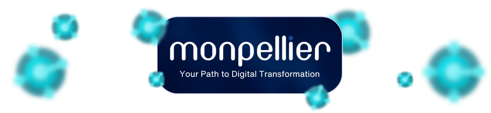 Monpellier logo on a blue badge with “Your Path to Digital Transformation” and glowing bubbles around it, matching the Opera 3 vs Business Central guide download.