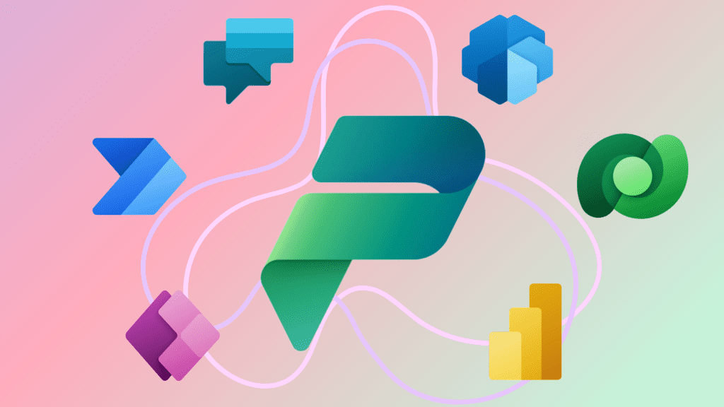 Microsoft Power Platform graphic with Power Apps, Power Automate, Power BI, Dataverse and Copilot Studio icons linked across a pink and green gradient.
